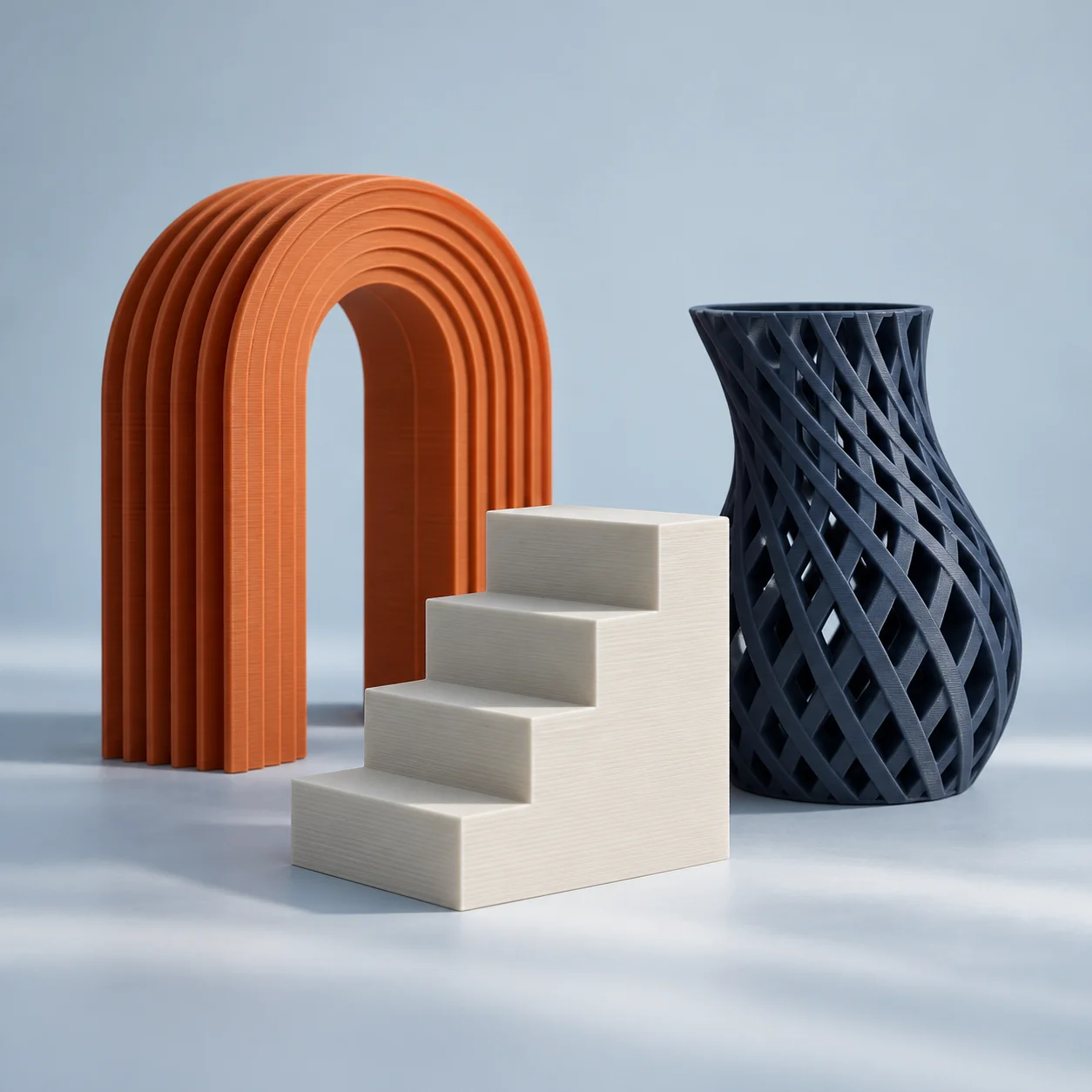 Concept illustration of an orange arch, white steps, and a navy lattice form with visible print layers