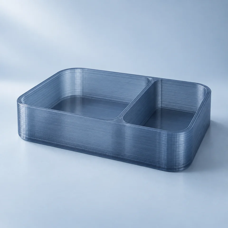 Concept illustration of a translucent blue 3D printed tray