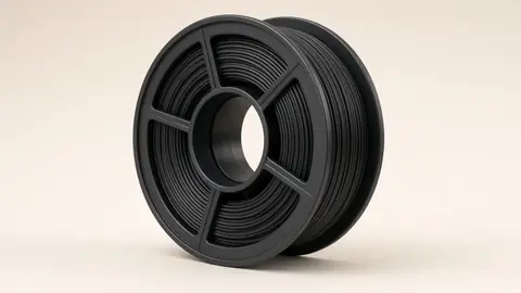 Black PLA filament spool on warm paper backdrop