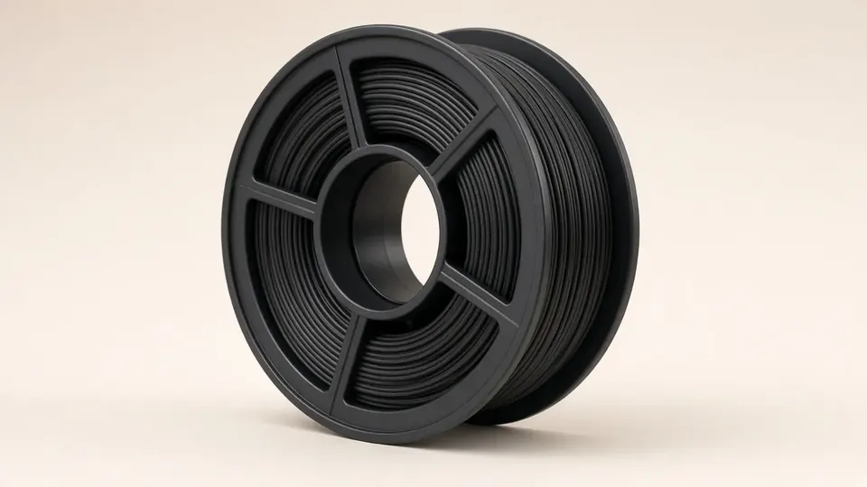 Black PETG filament spool on warm paper backdrop