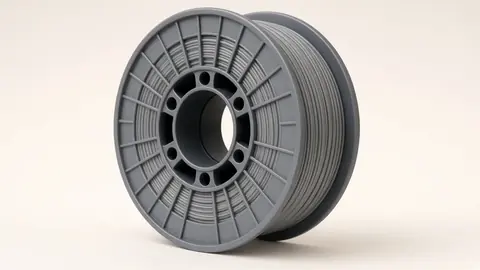 Grey PLA filament spool on warm paper backdrop