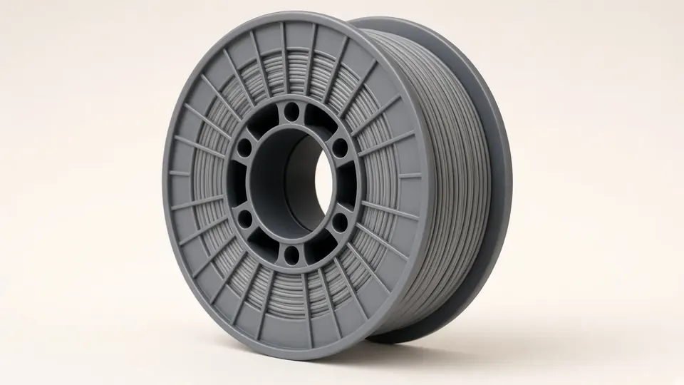 Grey PLA filament spool on warm paper backdrop