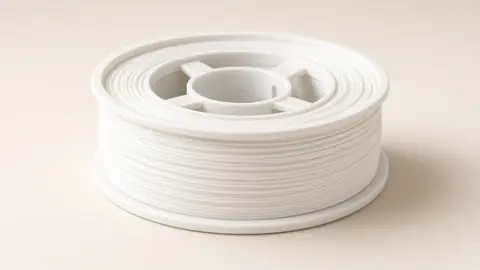 White PLA filament spool on warm paper backdrop