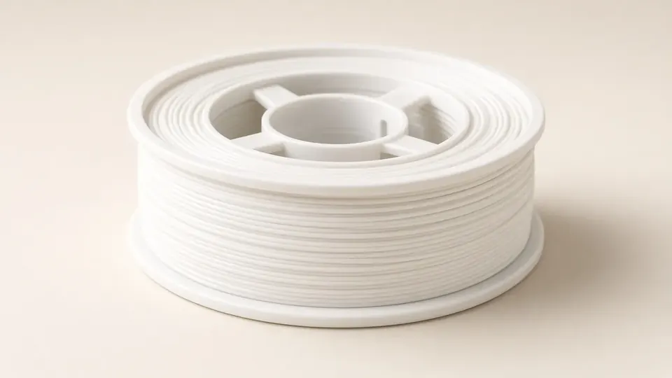 White TPU filament spool on warm paper backdrop